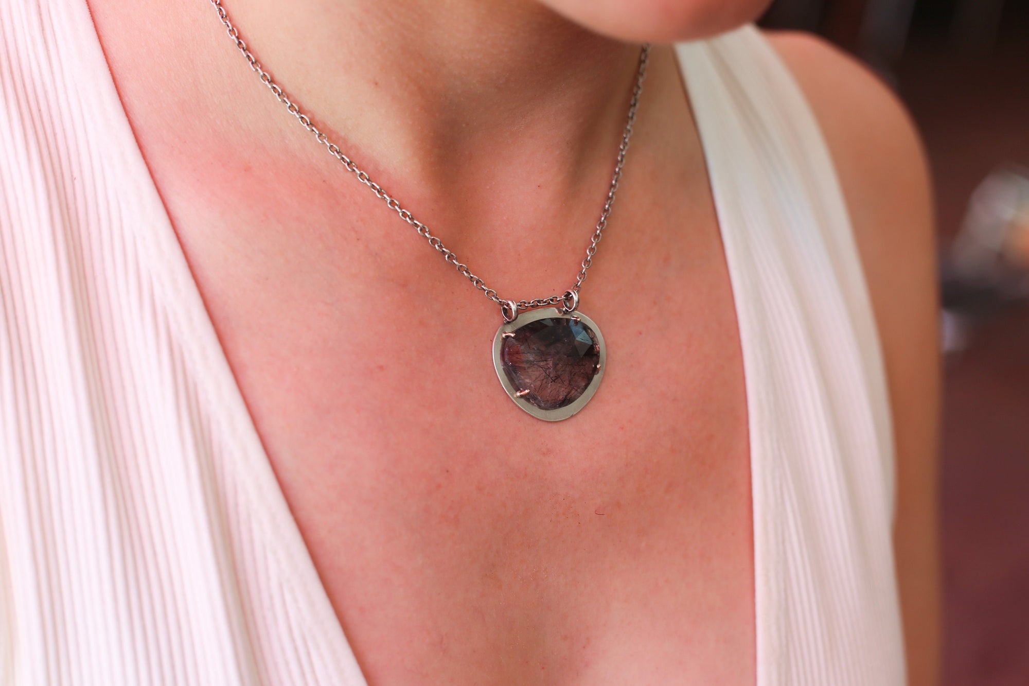 Tourmalinated Quartz Pendant - Ready to Ship - 14K Gold Prongs - Sterling Silver Necklace