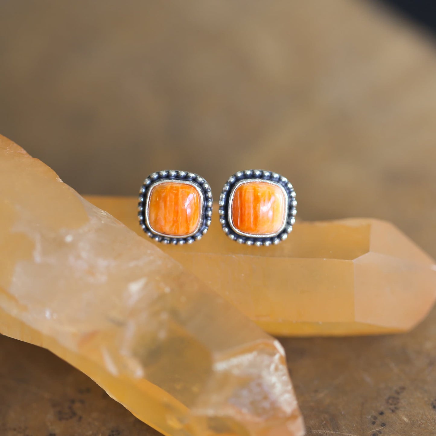 Spiny Oyster Post Earrings - Orange Stud Earrings - Sterling Silver