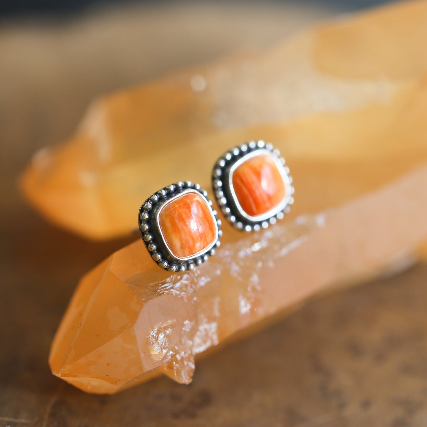 Spiny Oyster Post Earrings - Orange Stud Earrings - Sterling Silver