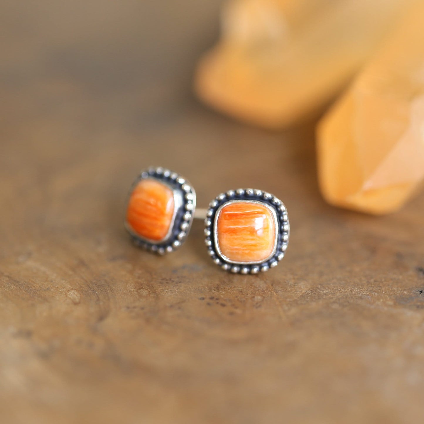 Spiny Oyster Post Earrings - Orange Stud Earrings - Sterling Silver