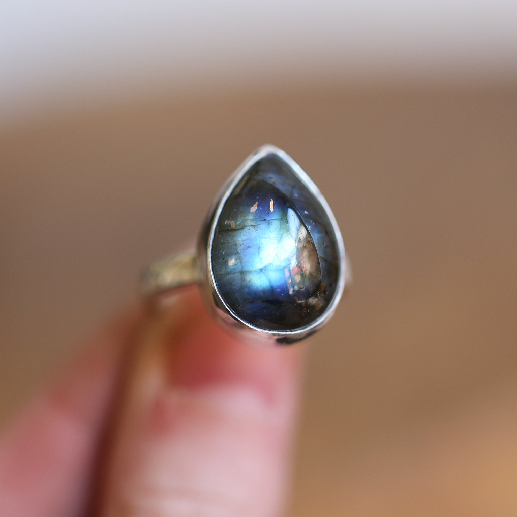 Big Labradorite Ring - .925 Sterling Silver - Choose your Own - Flashy Labradorite Pear