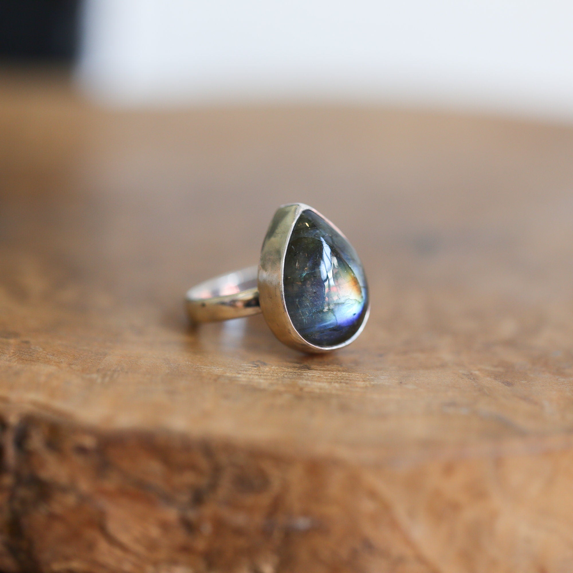 Big Labradorite Ring - .925 Sterling Silver - Choose your Own - Flashy Labradorite Pear