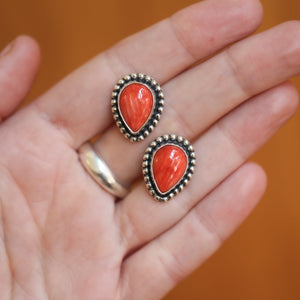 Big Spiny Oyster Shell Posts - Coral Red Pear Shaped Studs - Sterling Silver