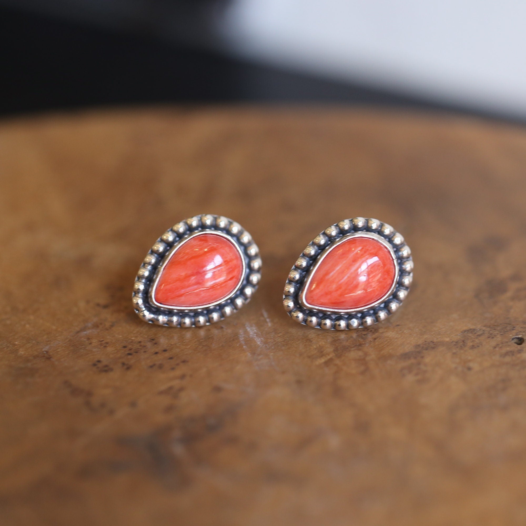 Big Spiny Oyster Shell Posts - Coral Red Pear Shaped Studs - Sterling Silver