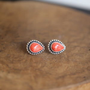 Big Spiny Oyster Shell Posts - Coral Red Pear Shaped Studs - Sterling Silver