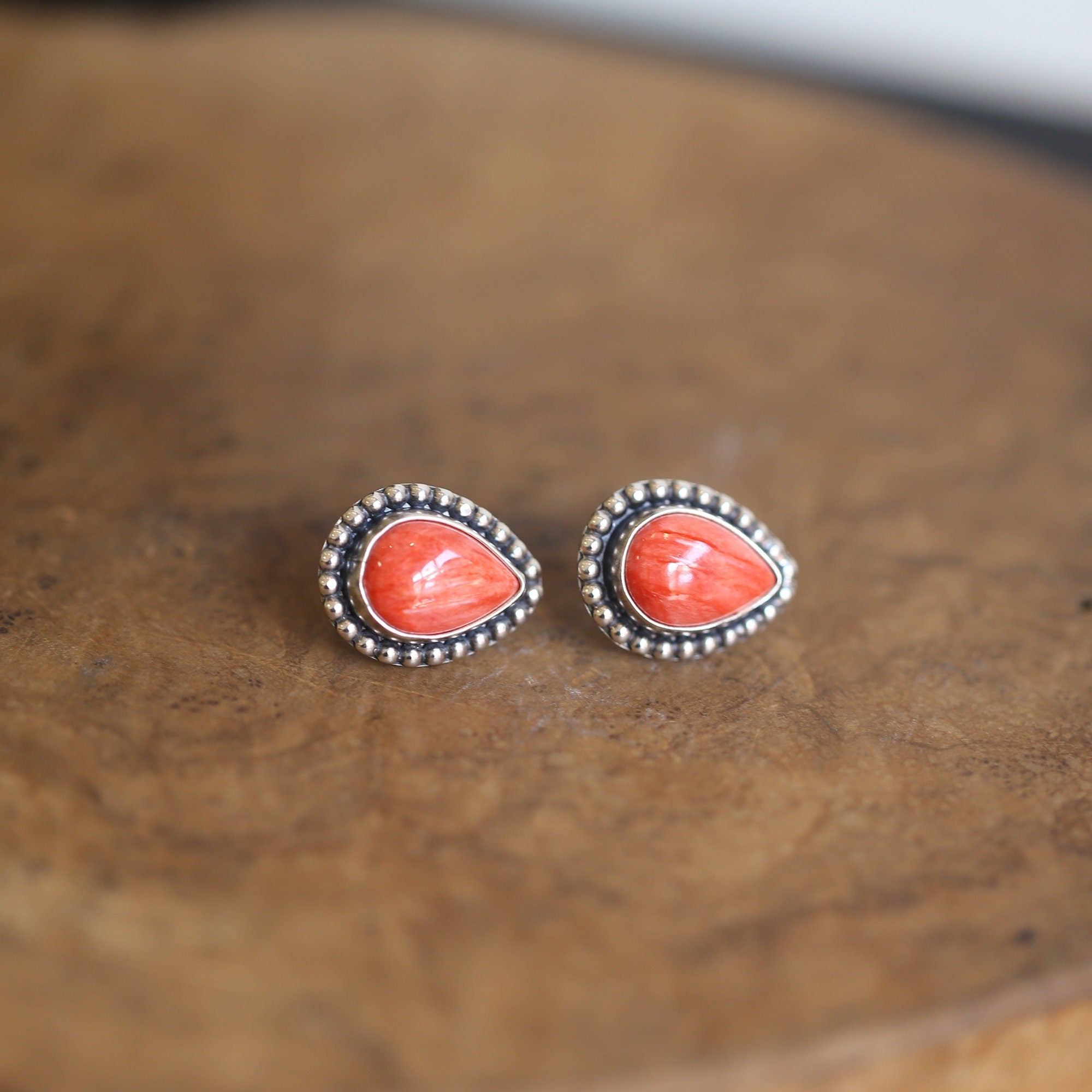 Big Spiny Oyster Shell Posts - Coral Red Pear Shaped Studs - Sterling Silver