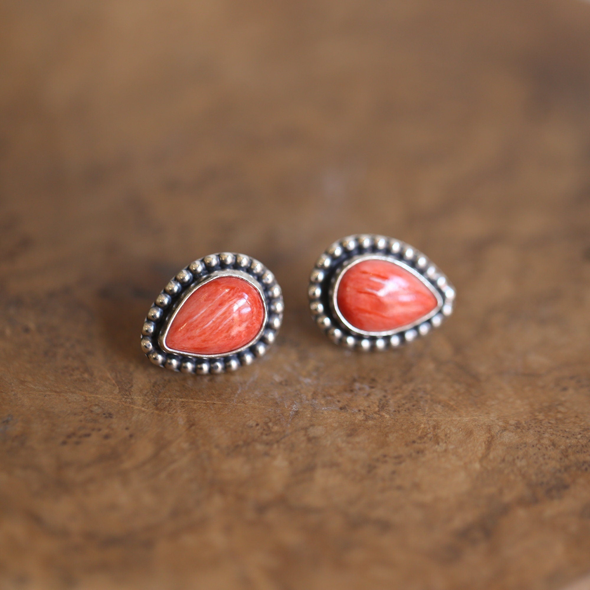 Big Spiny Oyster Shell Posts - Coral Red Pear Shaped Studs - Sterling Silver