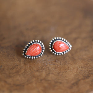 Big Spiny Oyster Shell Posts - Coral Red Pear Shaped Studs - Sterling Silver
