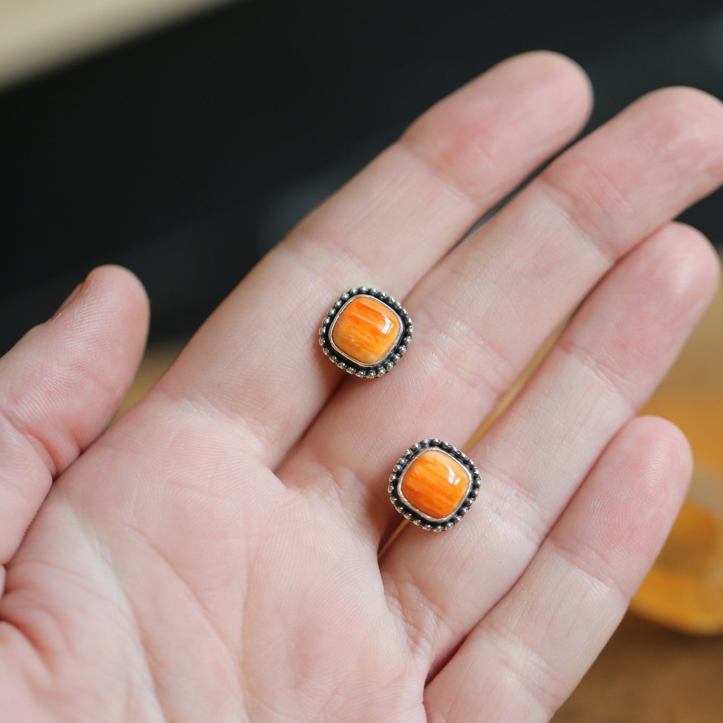 Spiny Oyster Post Earrings - Orange Stud Earrings - Sterling Silver
