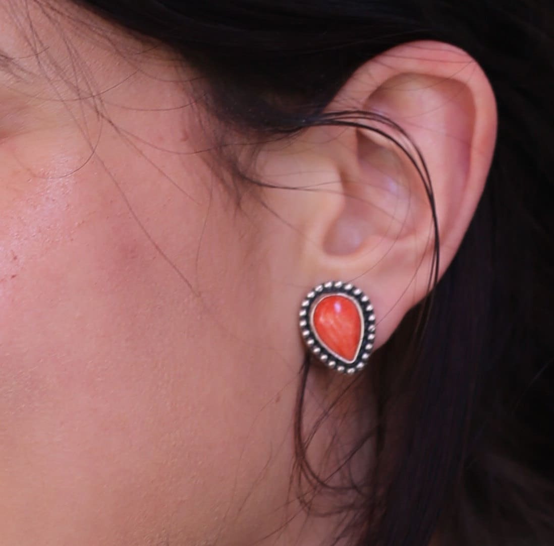 Big Spiny Oyster Shell Posts - Coral Red Pear Shaped Studs - Sterling Silver