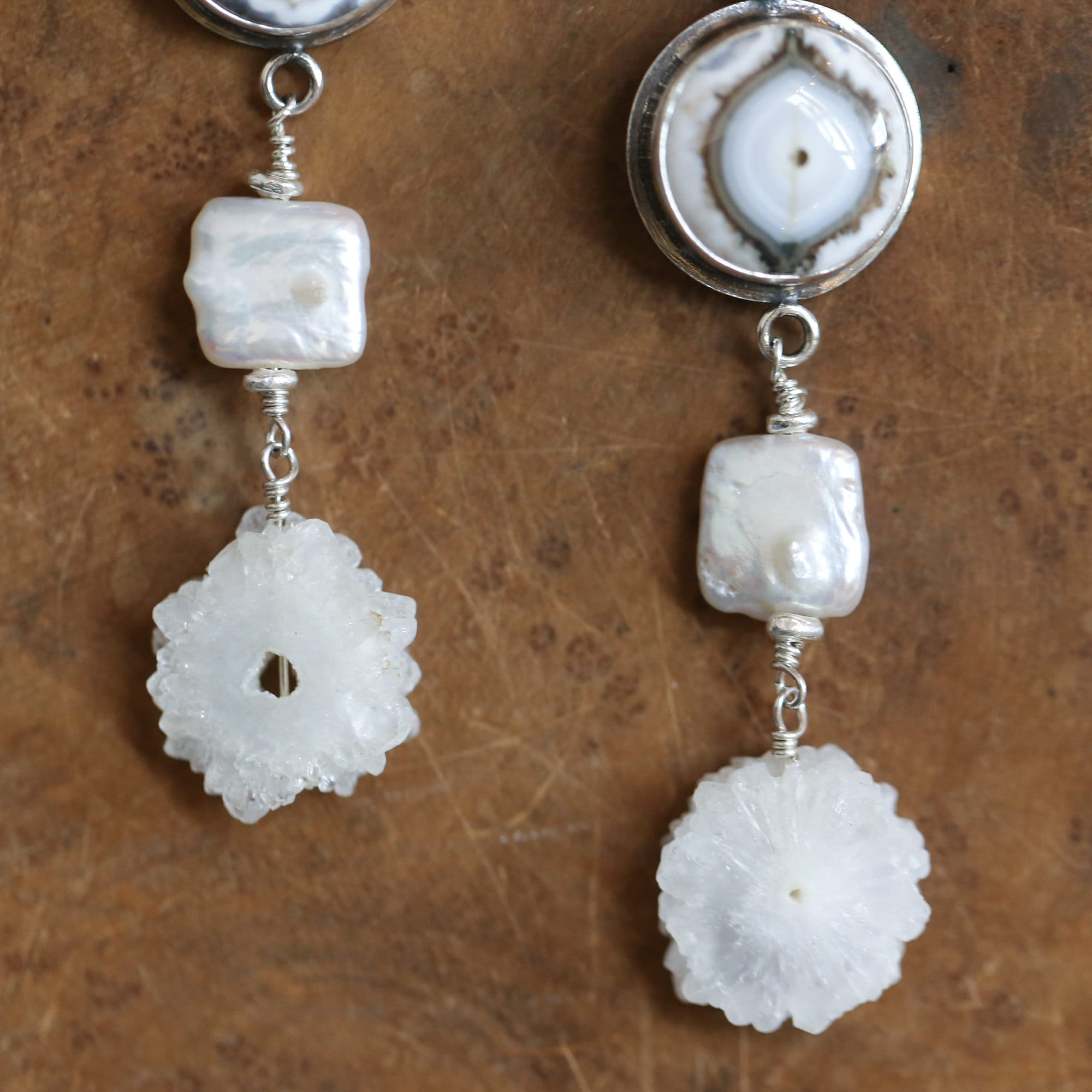 Long Ocean Jasper Freshwater Pearl Earrings with Stalactite Druzy - Choose Your Pair