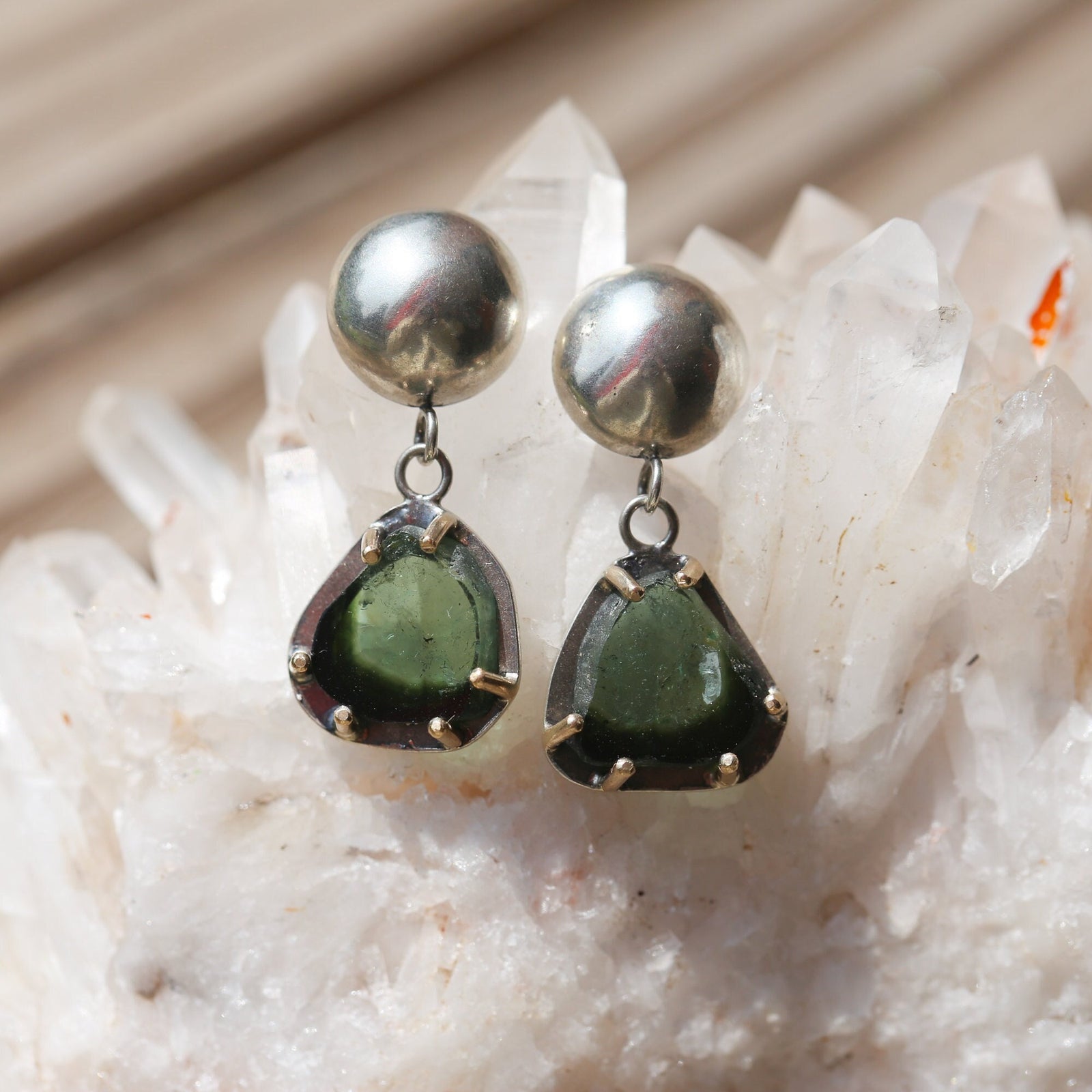 Green Tourmaline Earrings - 14K Tourmaline Earrings - .925 Sterling Silver - Ready to Ship - OOAK