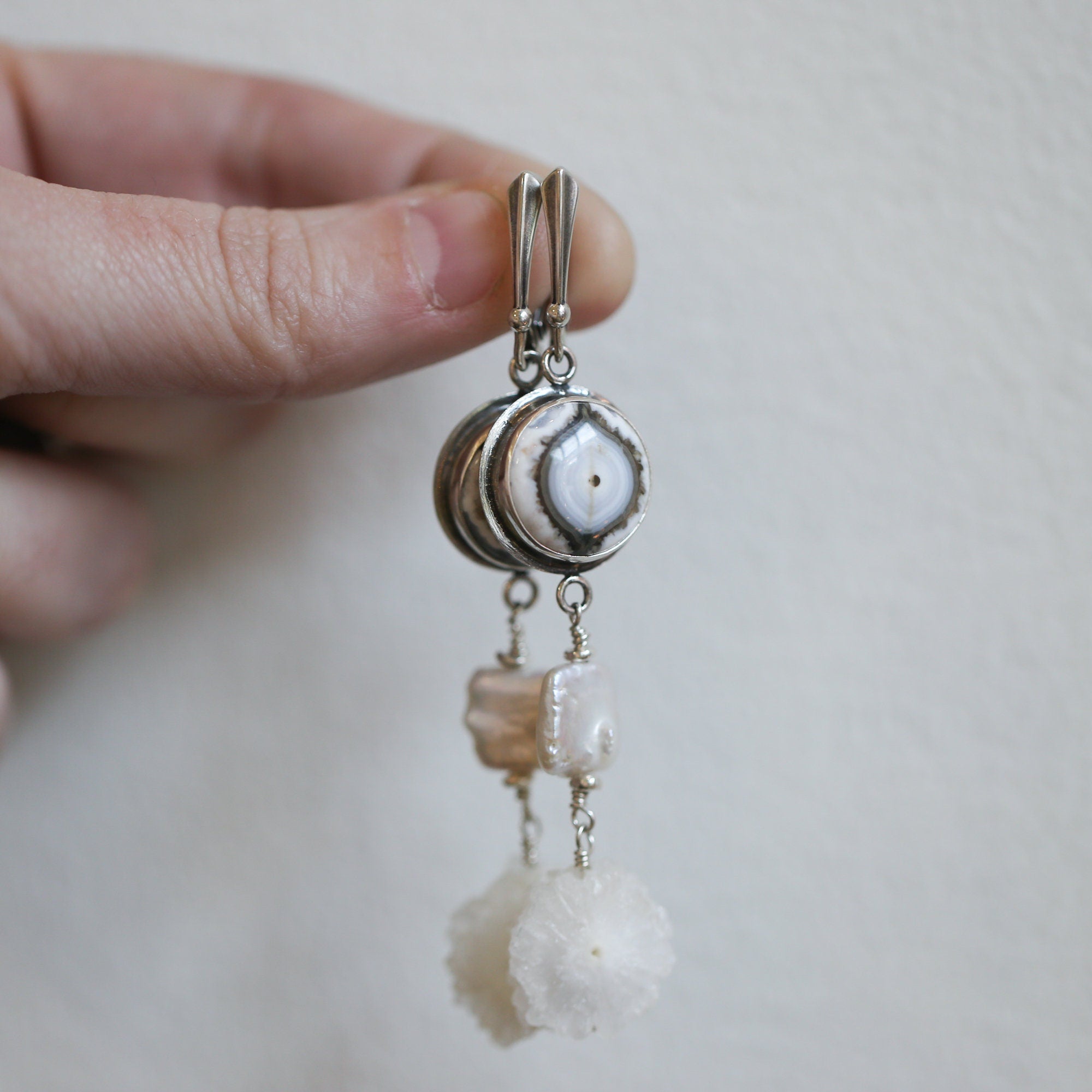 Long Ocean Jasper Freshwater Pearl Earrings with Stalactite Druzy - Choose Your Pair