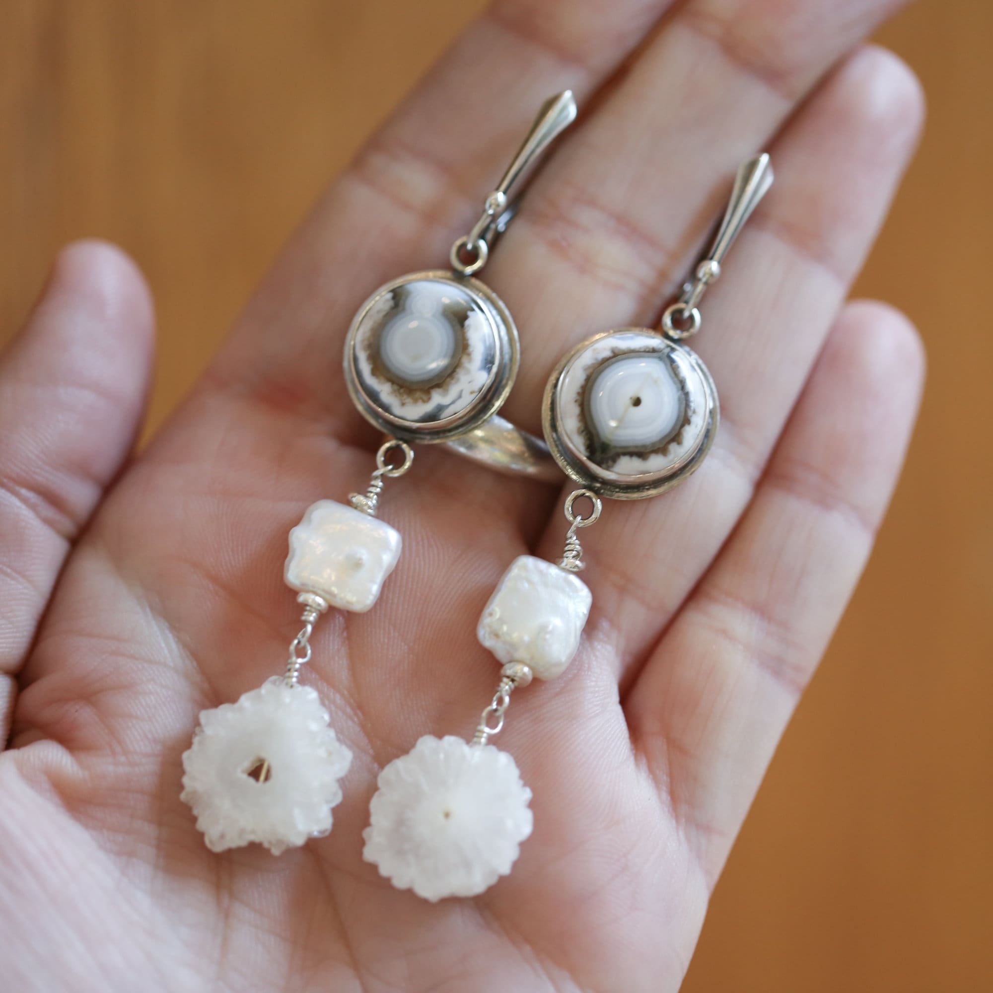 Long Ocean Jasper Freshwater Pearl Earrings with Stalactite Druzy - Choose Your Pair