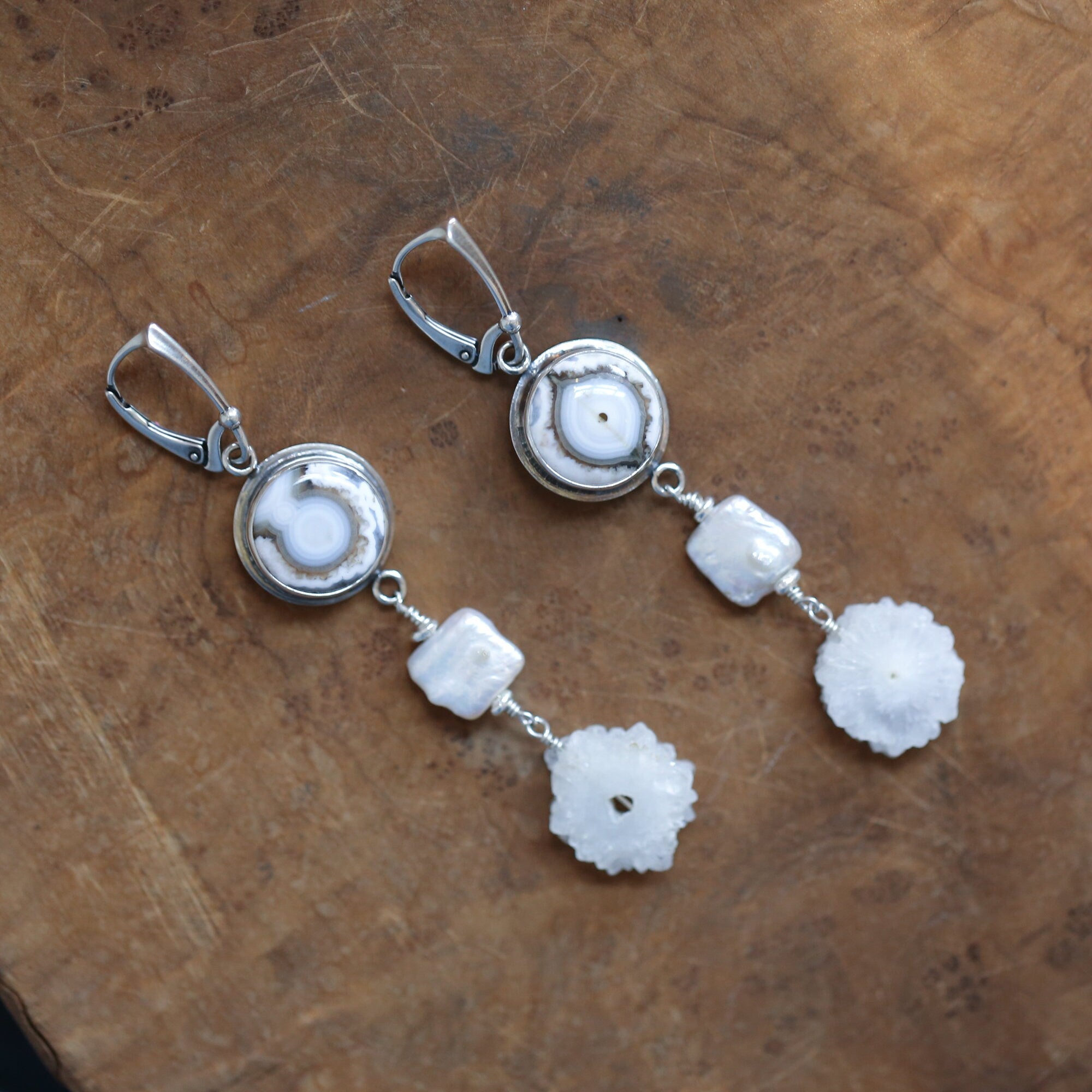 Long Ocean Jasper Freshwater Pearl Earrings with Stalactite Druzy - Choose Your Pair