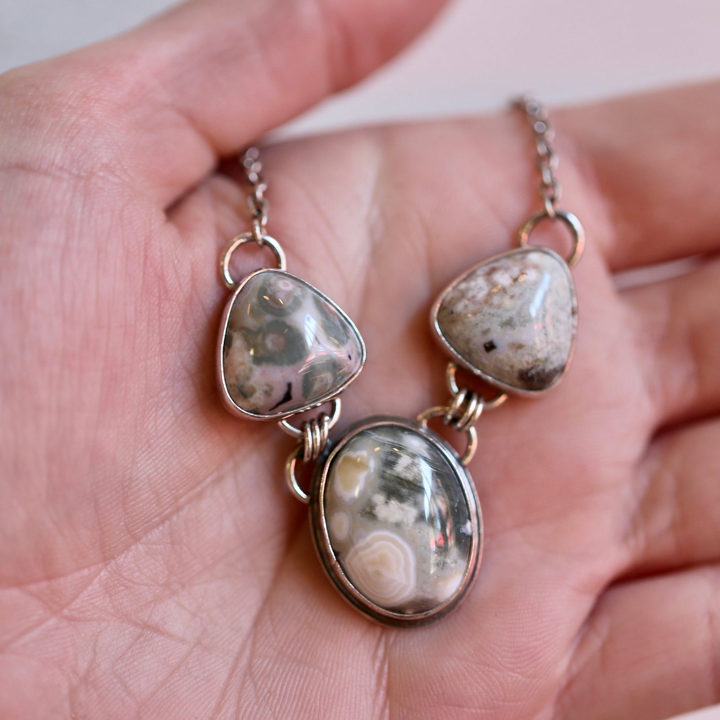 Choose your Ocean Jasper 3-Stone Necklace – Sterling Silver Statement Pendant