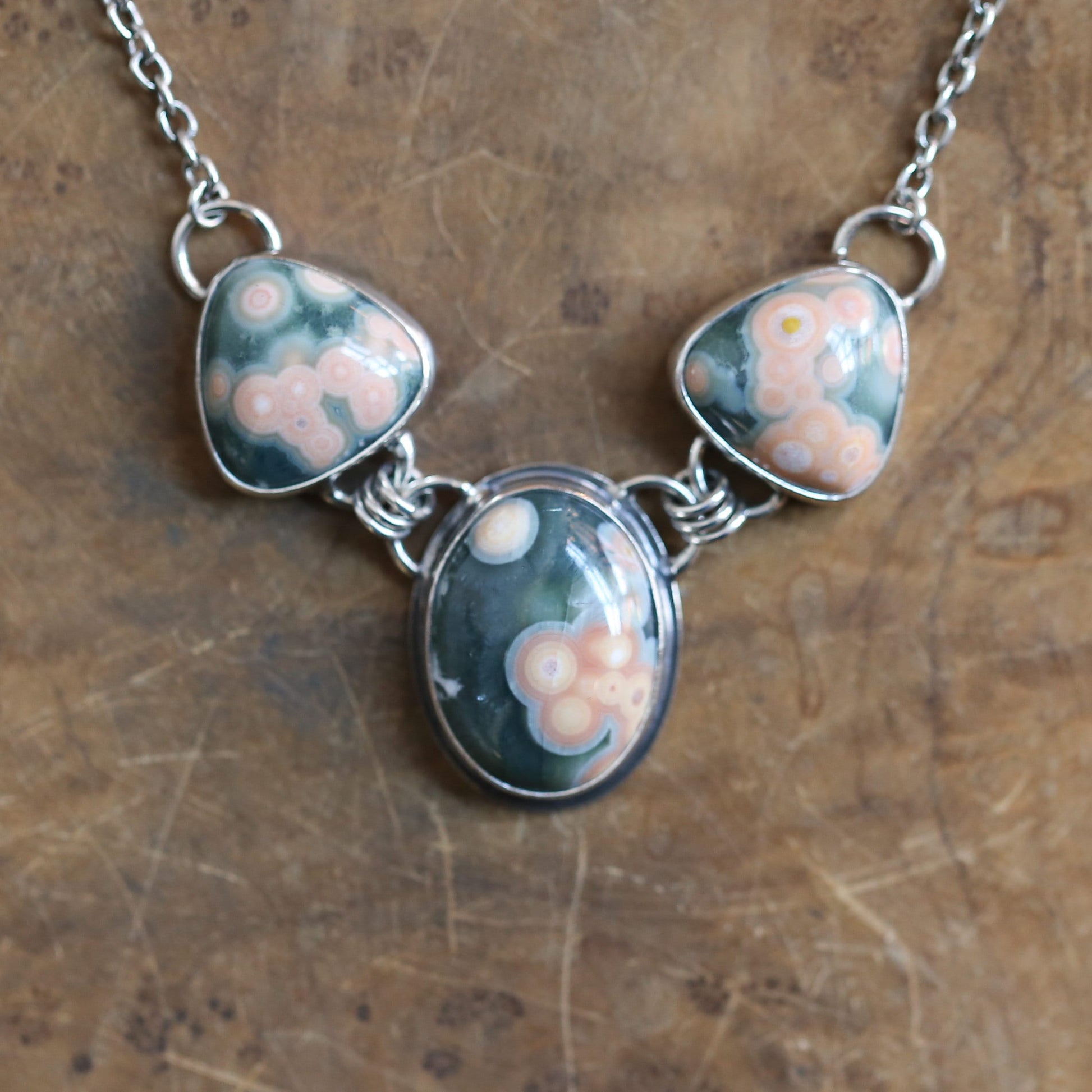 Choose your Ocean Jasper 3-Stone Necklace – Sterling Silver Statement Pendant