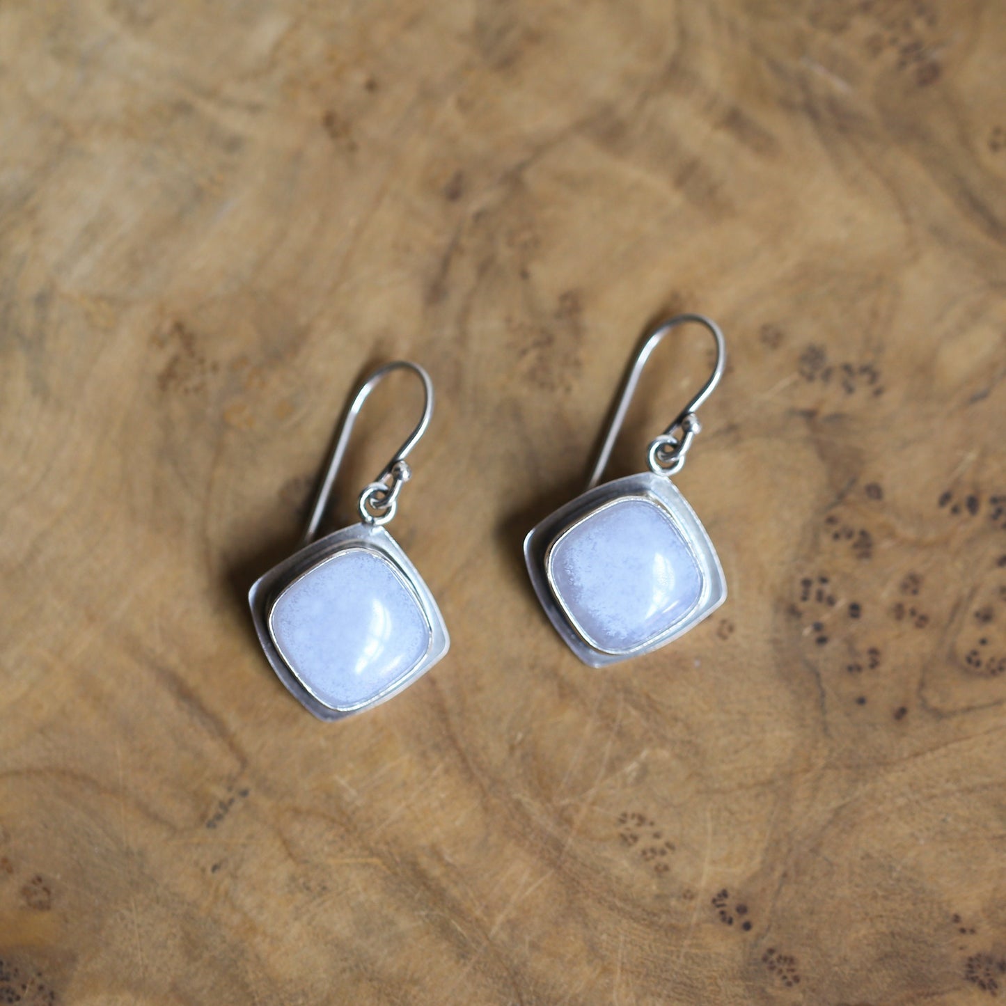 Blue Chalcedony Sterling Silver Drop Earrings – Handmade Cushion Square