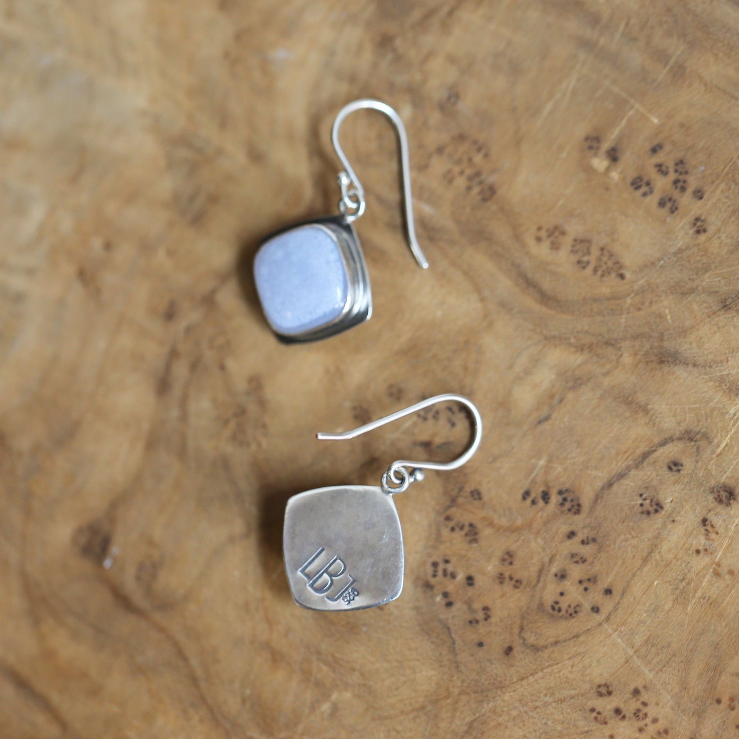 Blue Chalcedony Sterling Silver Drop Earrings – Handmade Cushion Square