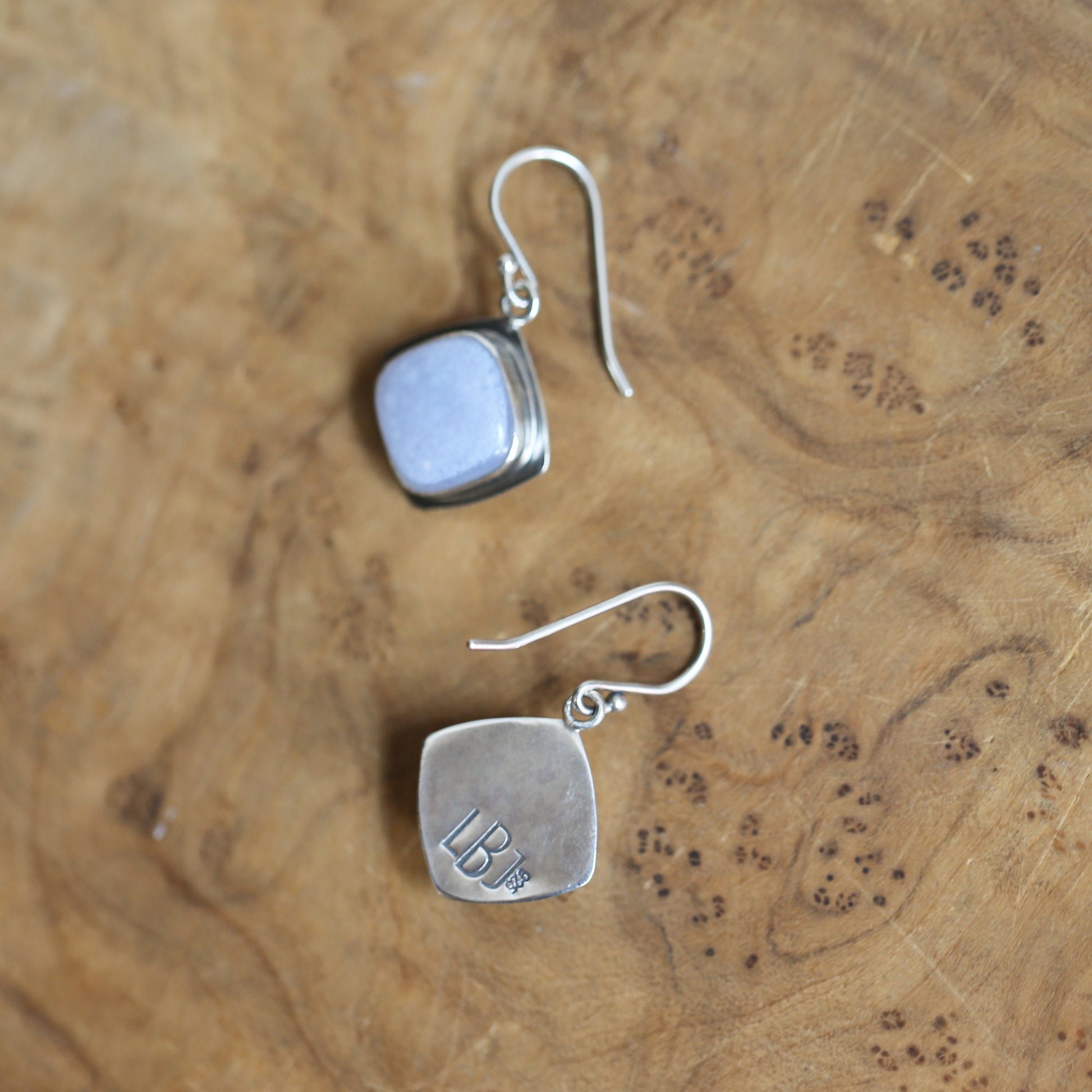Blue Chalcedony Sterling Silver Drop Earrings – Handmade Cushion Square