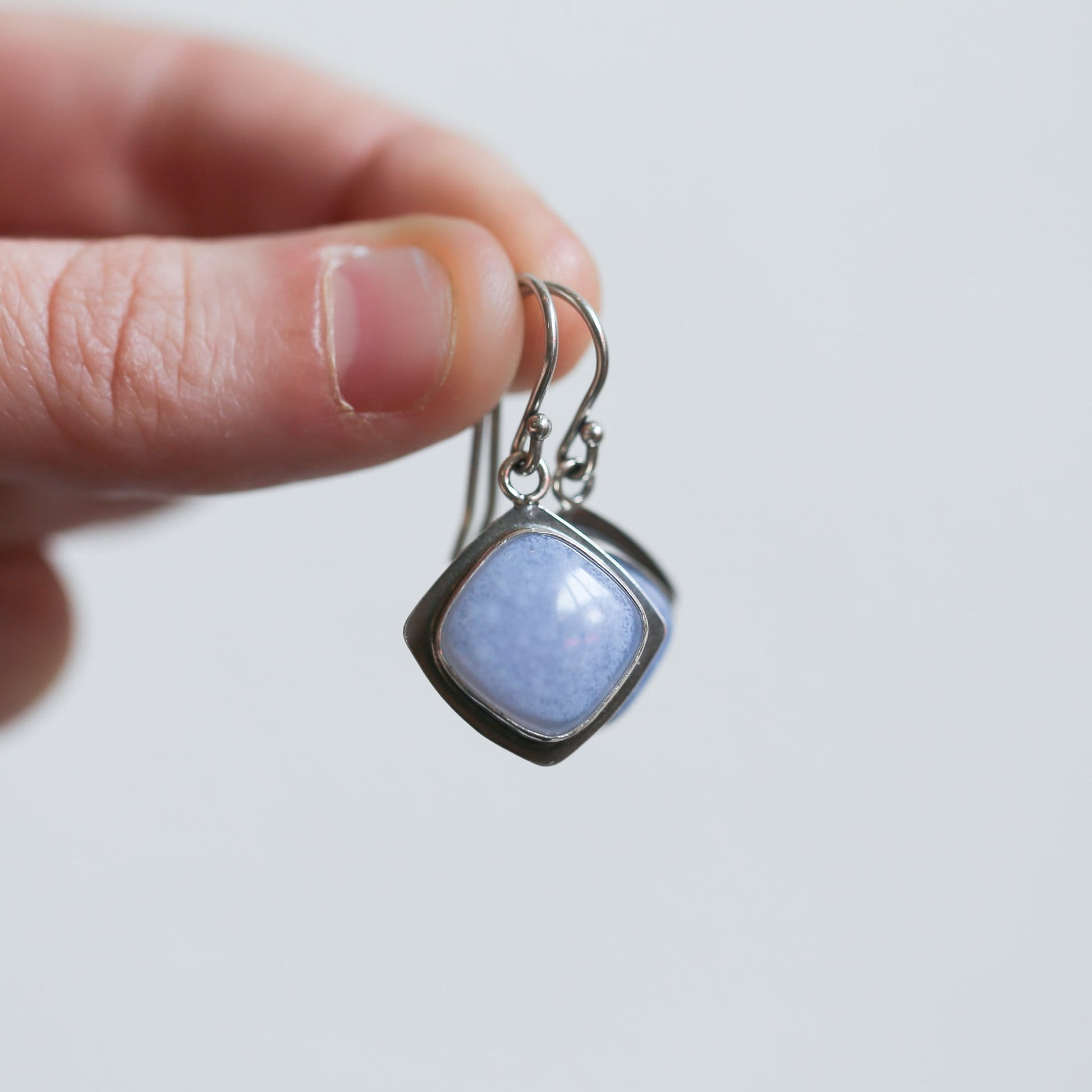 Blue Chalcedony Sterling Silver Drop Earrings – Handmade Cushion Square