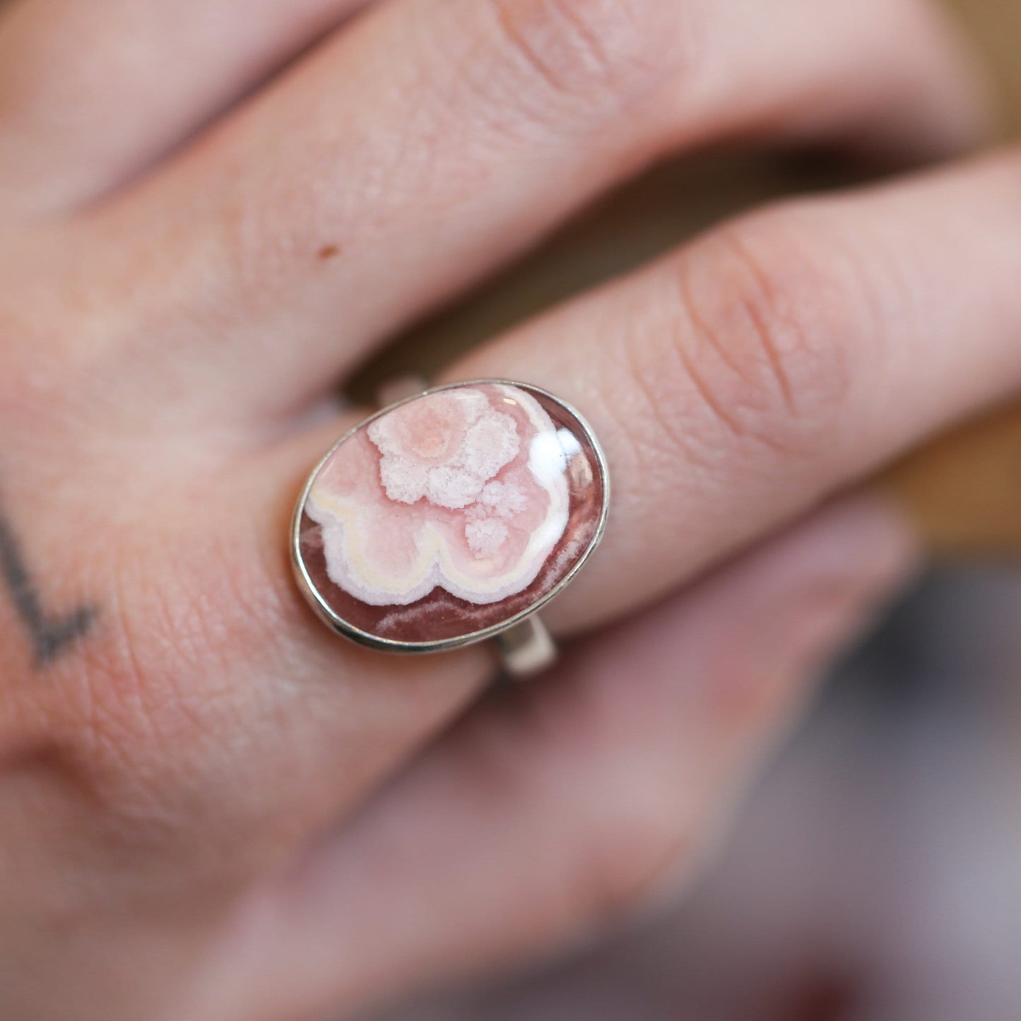Rhodochrosite Ring - .925 Sterling Silver Ring - Rhodochrosite Boho Statement Ring