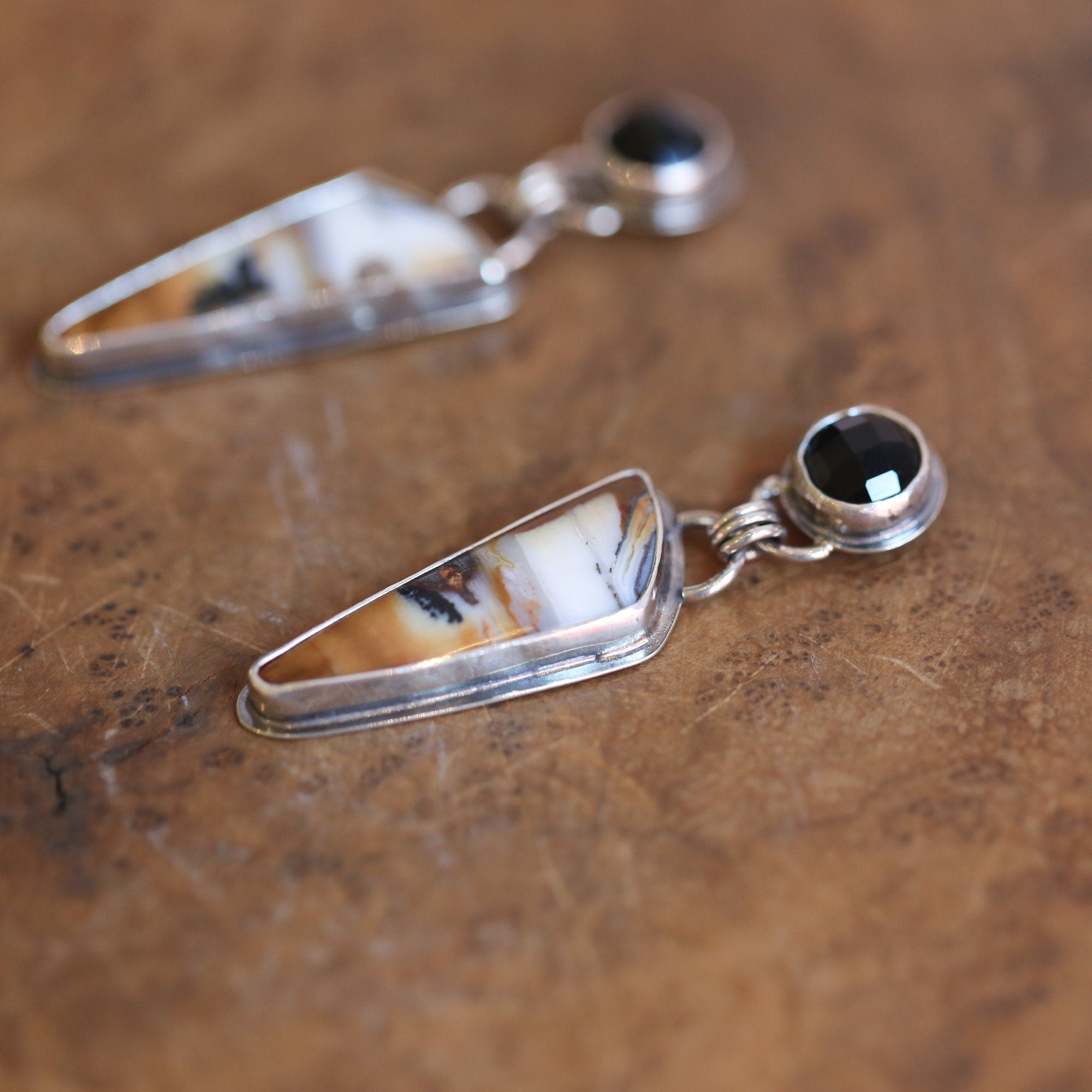 Ready to Ship - Dendtrite & Black Agate Post Drops - .925 Sterling Silver - Two Stone Earrings - OOAK