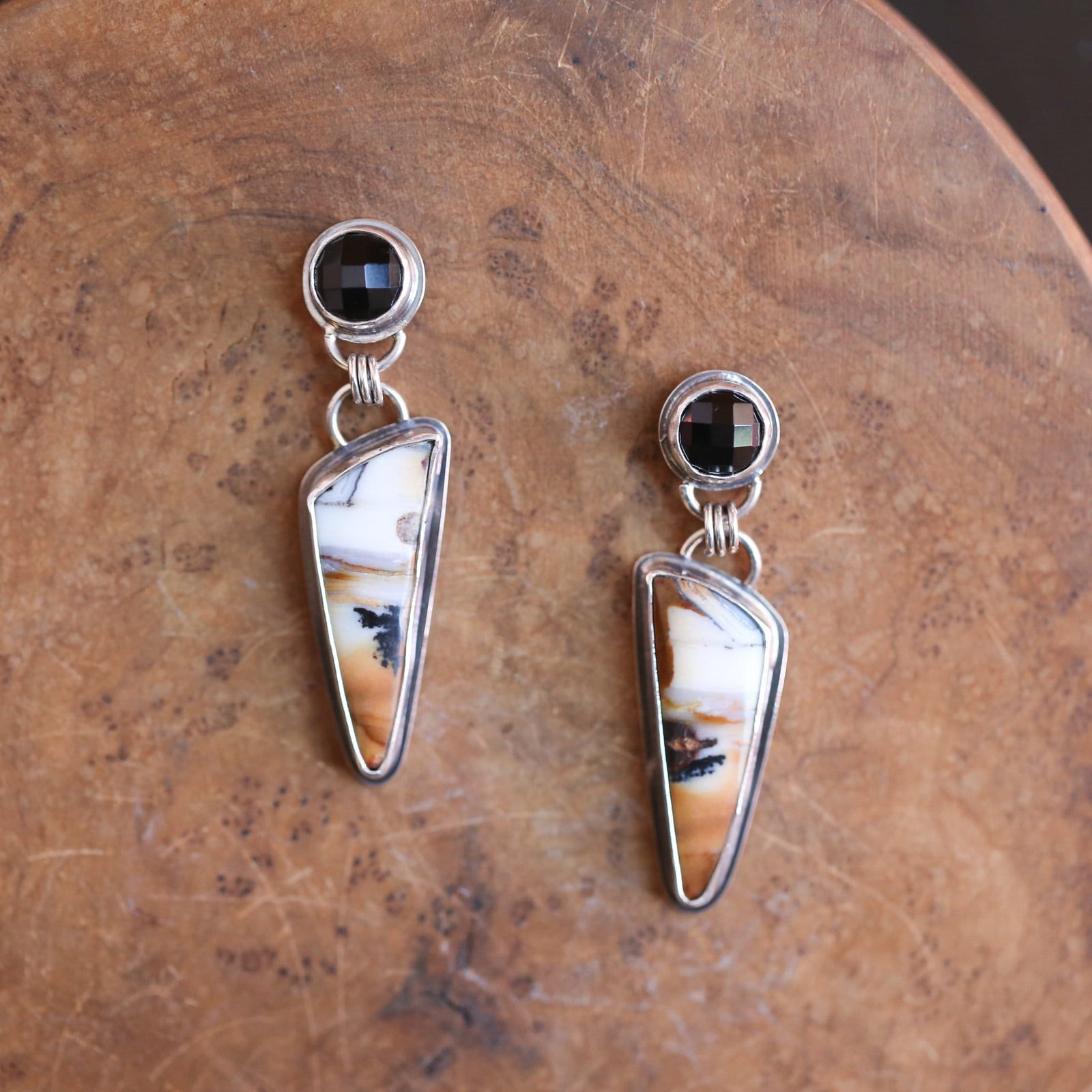 Ready to Ship - Dendtrite & Black Agate Post Drops - .925 Sterling Silver - Two Stone Earrings - OOAK