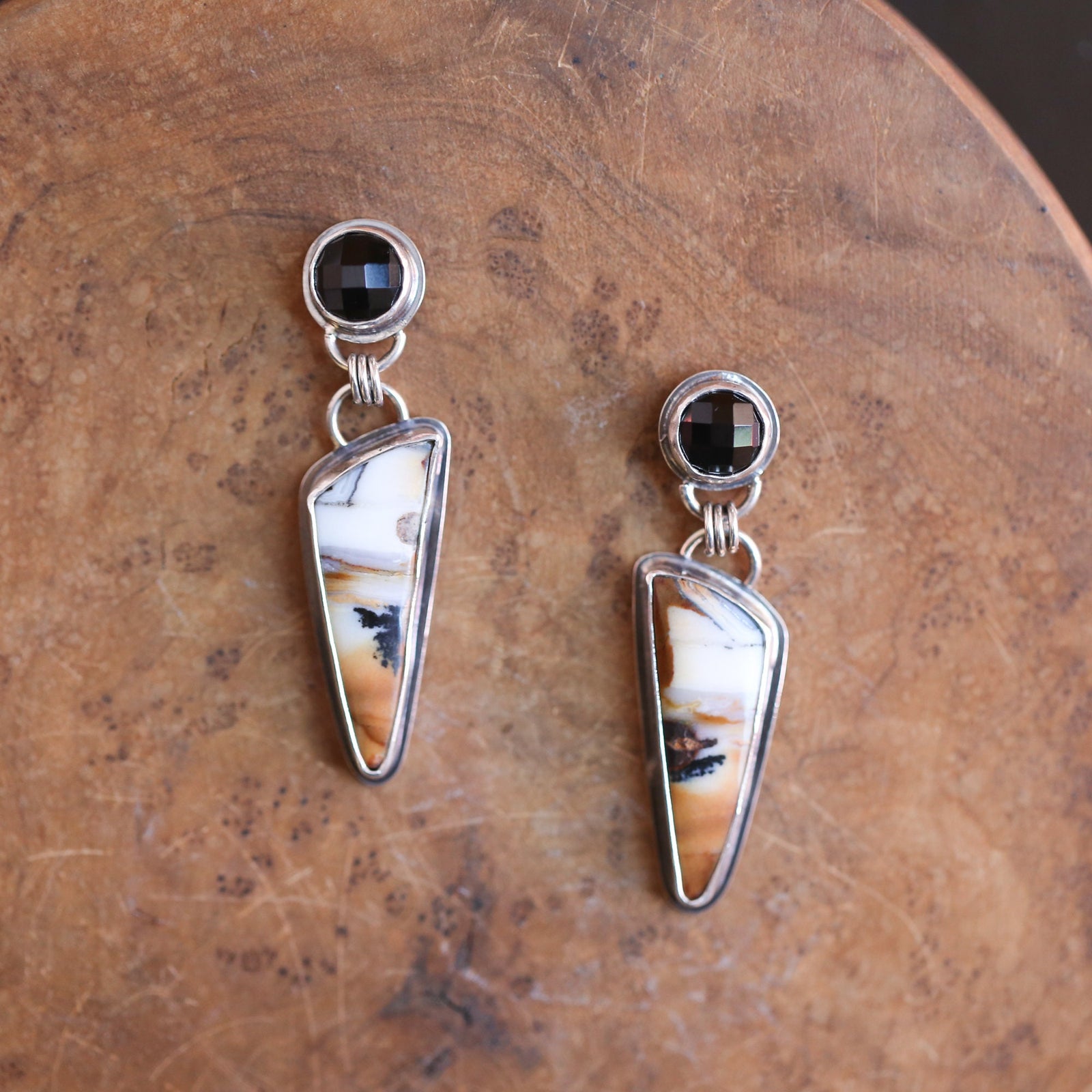Dendritic Agate Sterling Silver Drop Earrings - Black Agate Posts