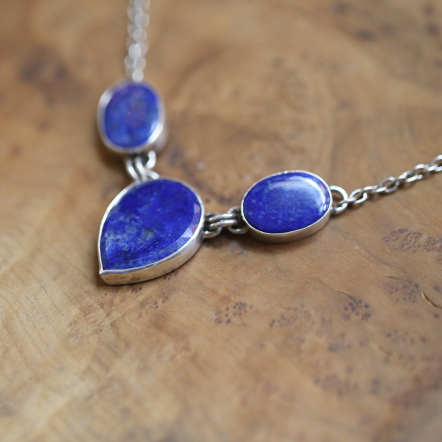 Blue Lapis Lazuli Sterling Silver 3-Stone Pendant Necklace