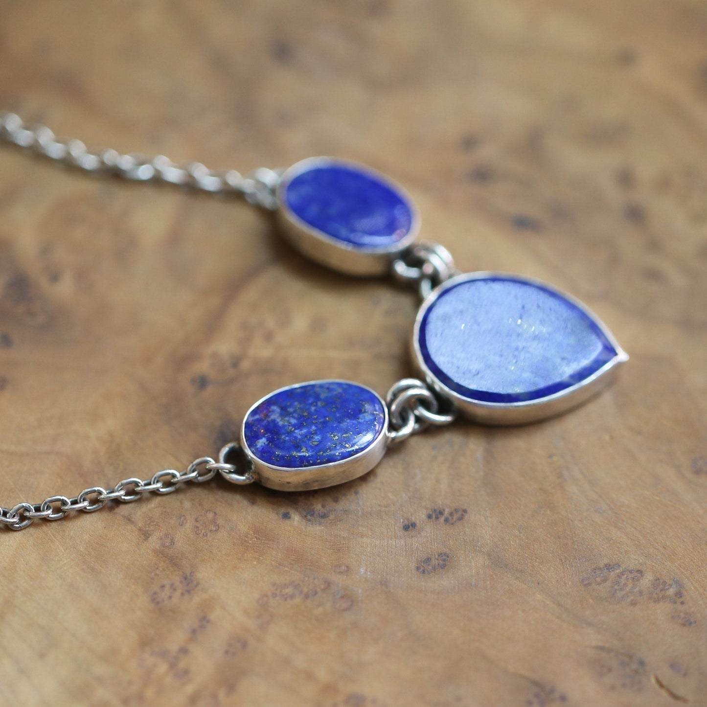 Blue Lapis Lazuli Sterling Silver 3-Stone Pendant Necklace