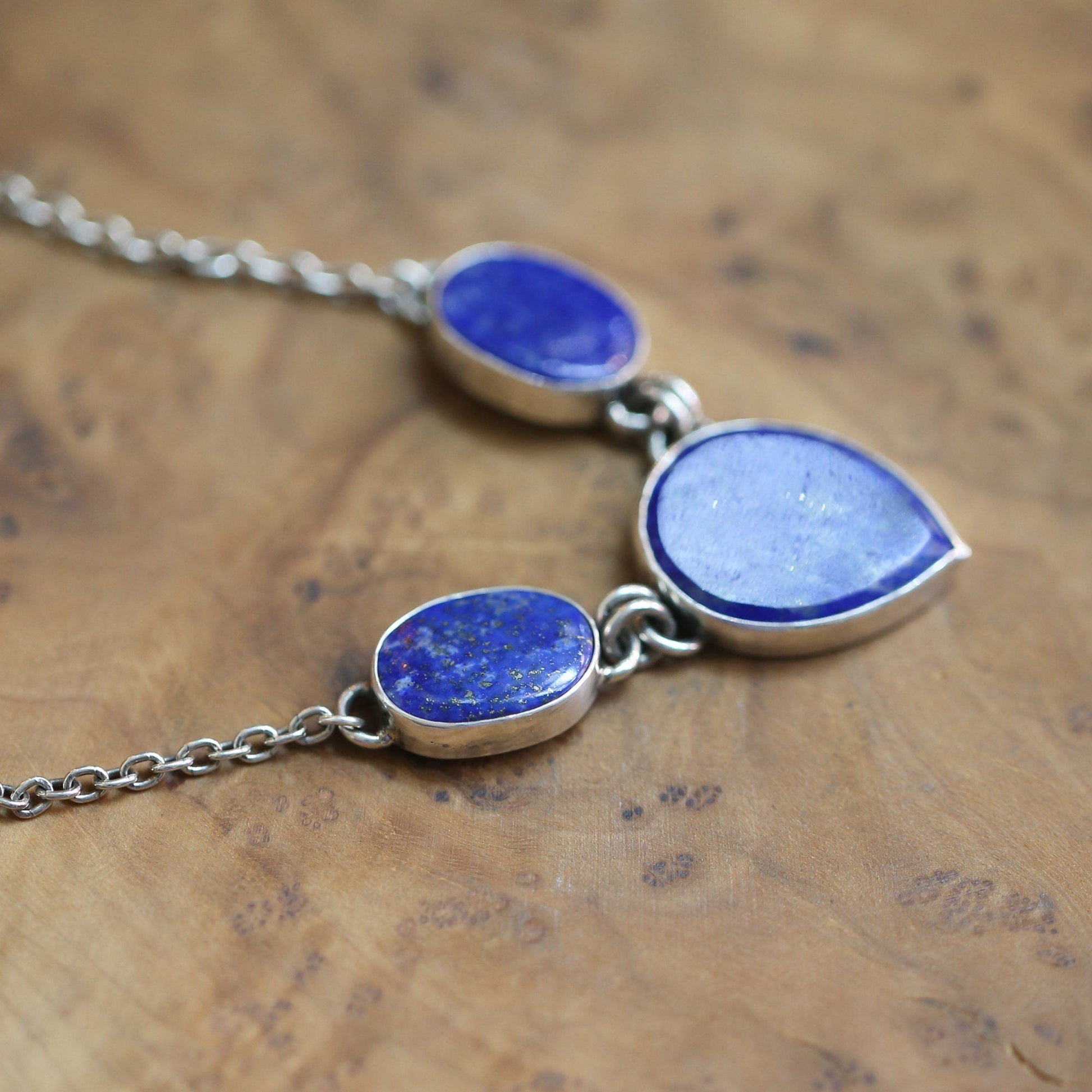 Blue Lapis Lazuli Sterling Silver 3-Stone Pendant Necklace