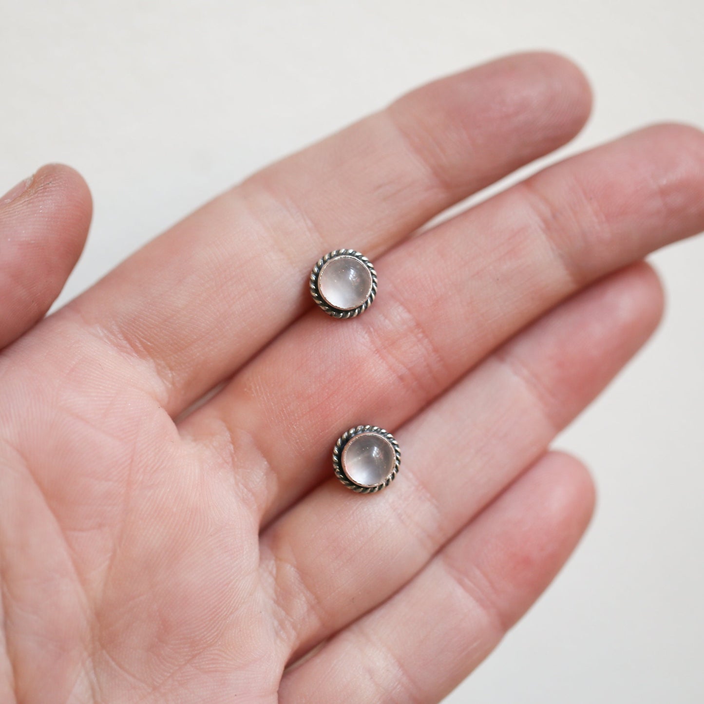 Rose Quartz Stud Earrings – Sterling Silver, Twist Wire Setting