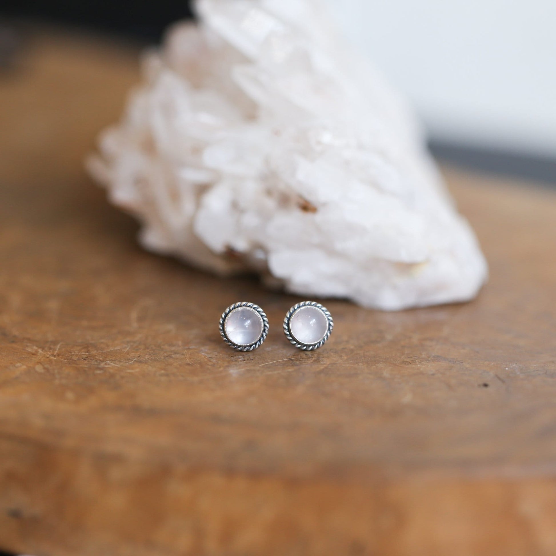 Rose Quartz Stud Earrings – Sterling Silver, Twist Wire Setting