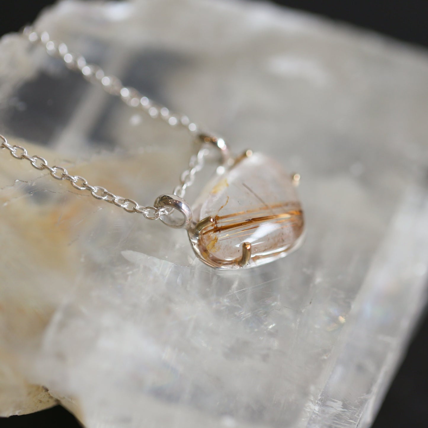 Copper Rutilated Quartz Pendant – Sterling Silver Necklace, Gold Detail