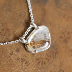 Copper Rutilated Quartz Pendant – Sterling Silver Necklace, Gold Detail