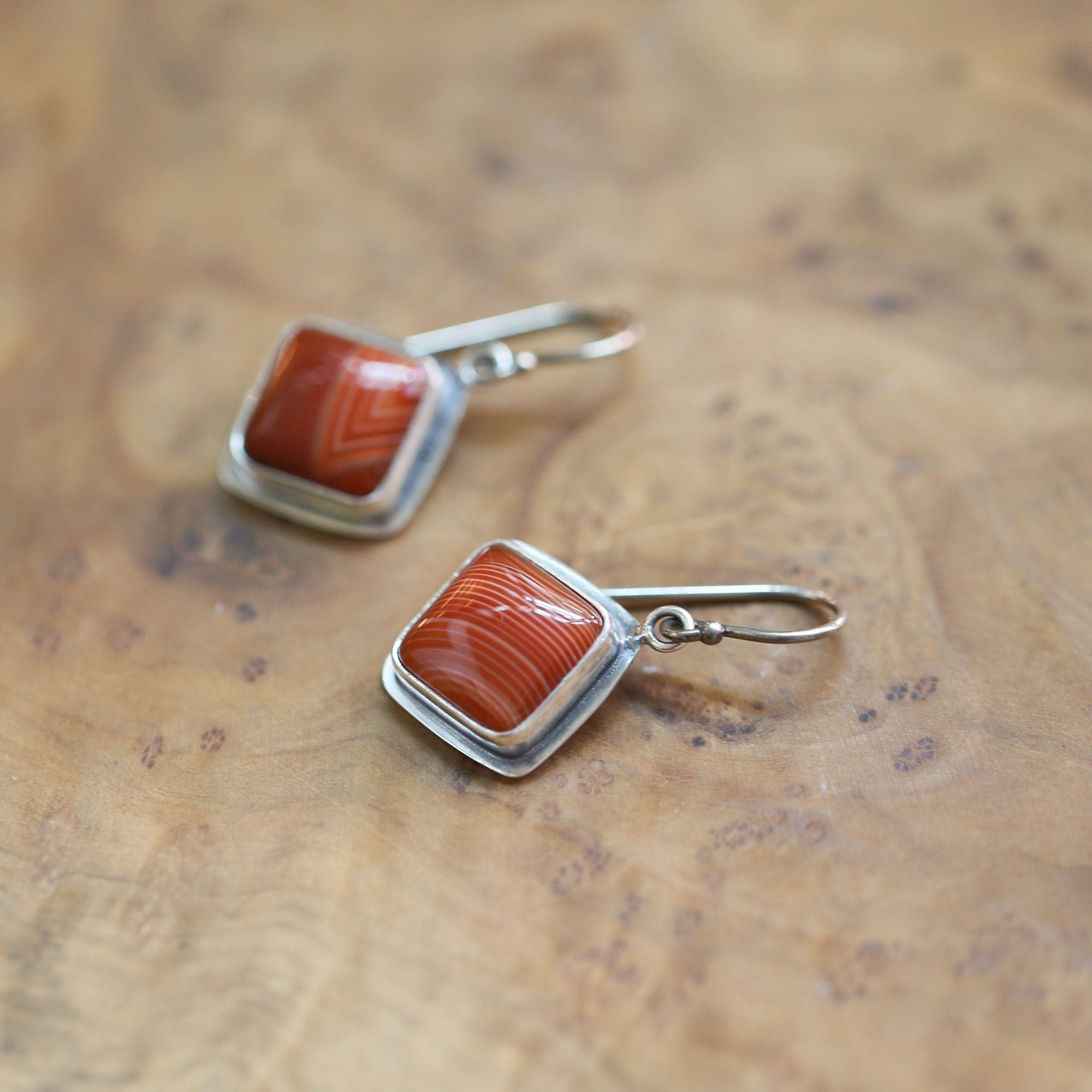 Banded Red Agate Drop Earrings - Red Agate with line Earrings - Silversmith Drop Earrings