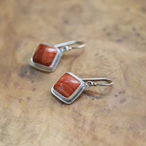 Banded Red Agate Drop Earrings - Red Agate with line Earrings - Silversmith Drop Earrings
