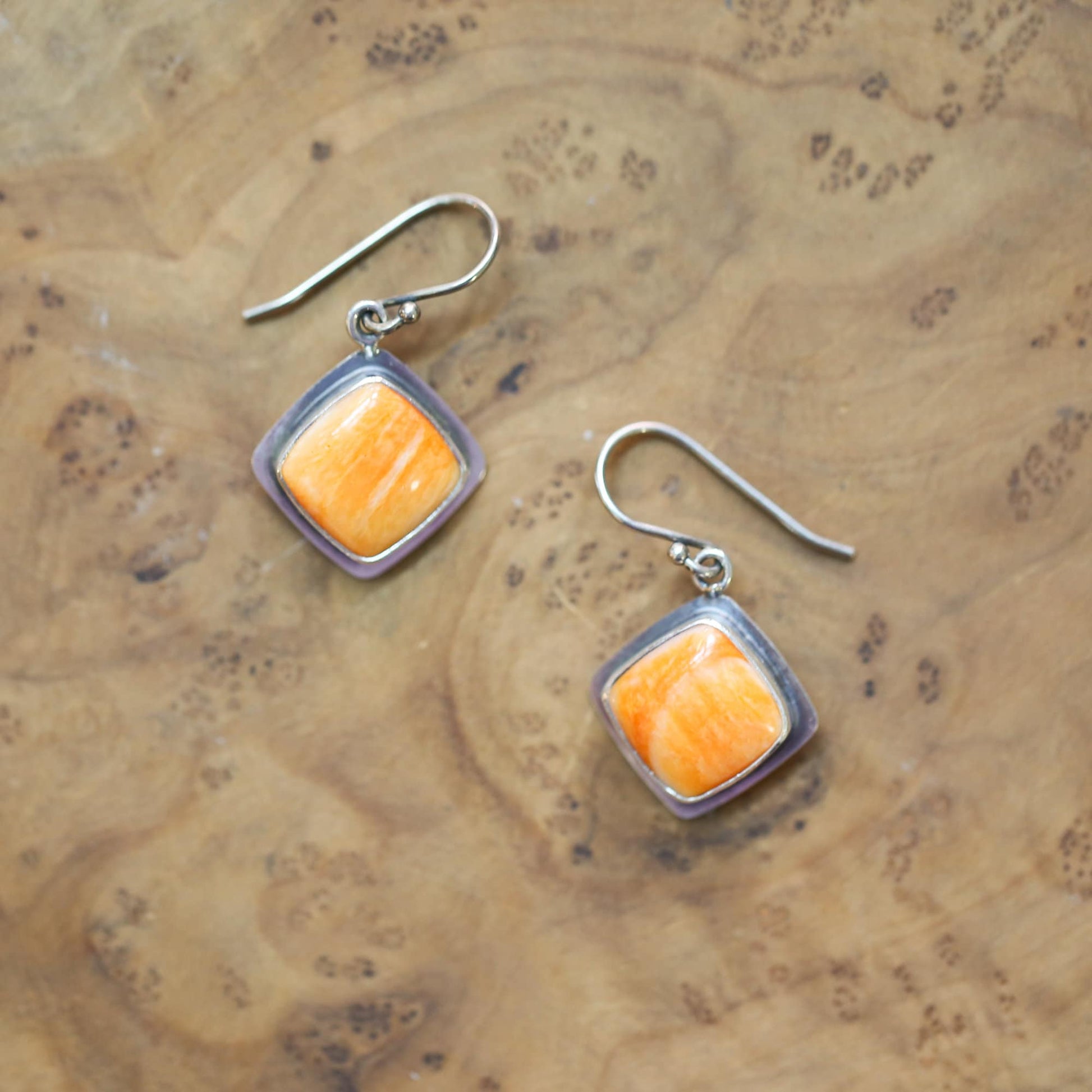 Sterling Silver Spiny Oyster Earrings - Orange Red Shell Dangles