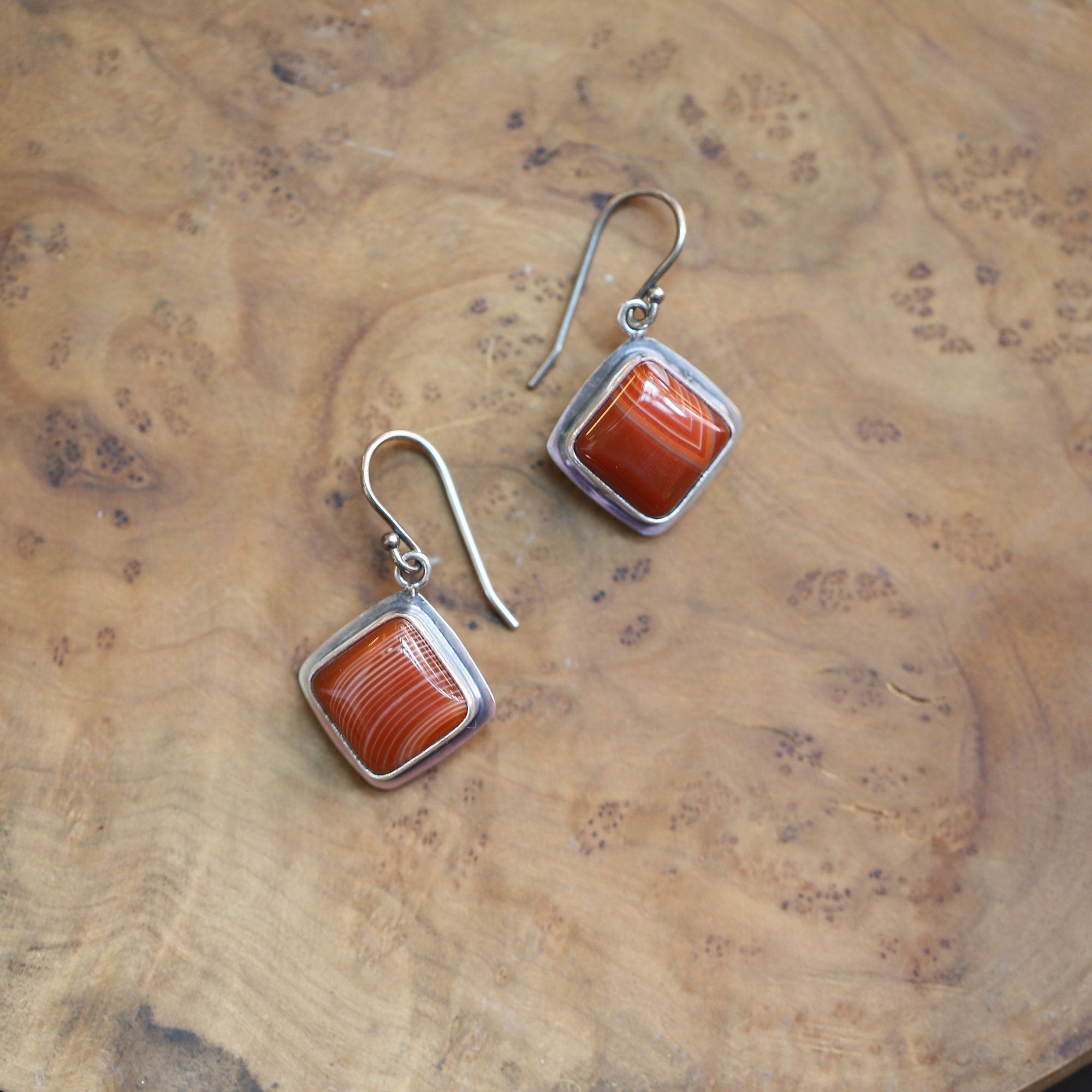 Banded Red Agate Drop Earrings - Red Agate with line Earrings - Silversmith Drop Earrings