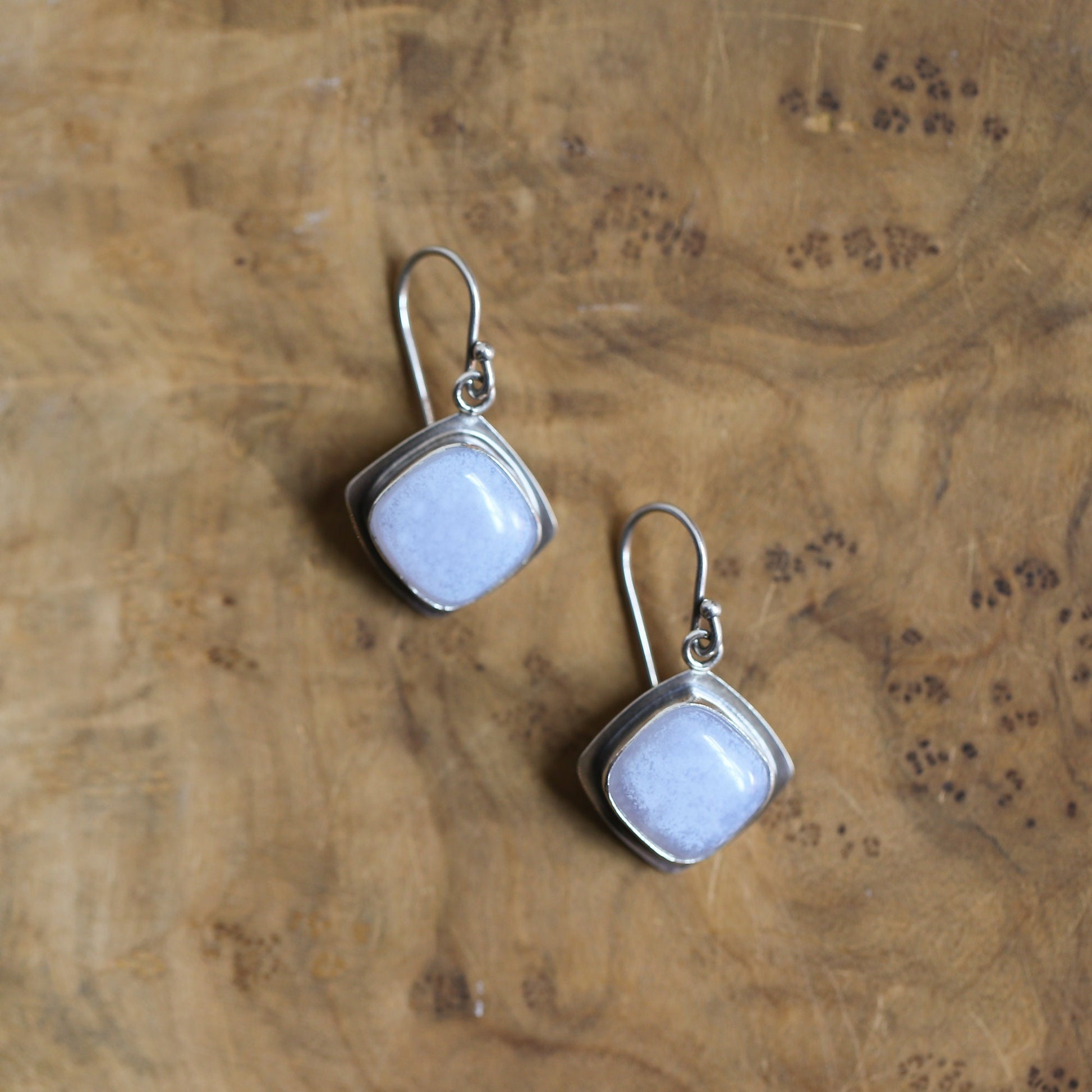 Blue Chalcedony Sterling Silver Drop Earrings – Handmade Cushion Square