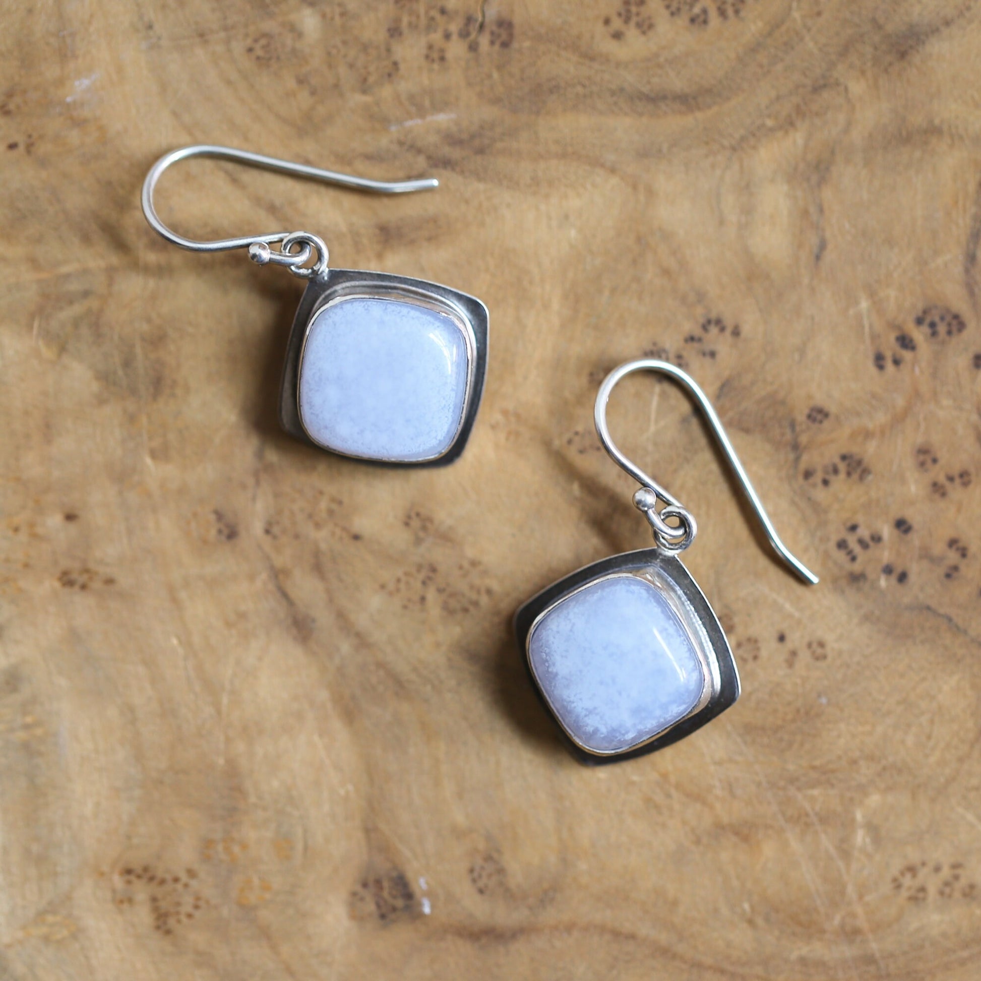 Blue Chalcedony Sterling Silver Drop Earrings – Handmade Cushion Square
