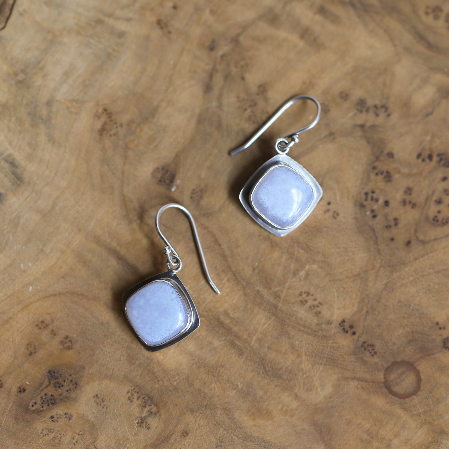 Blue Chalcedony Sterling Silver Drop Earrings – Handmade Cushion Square