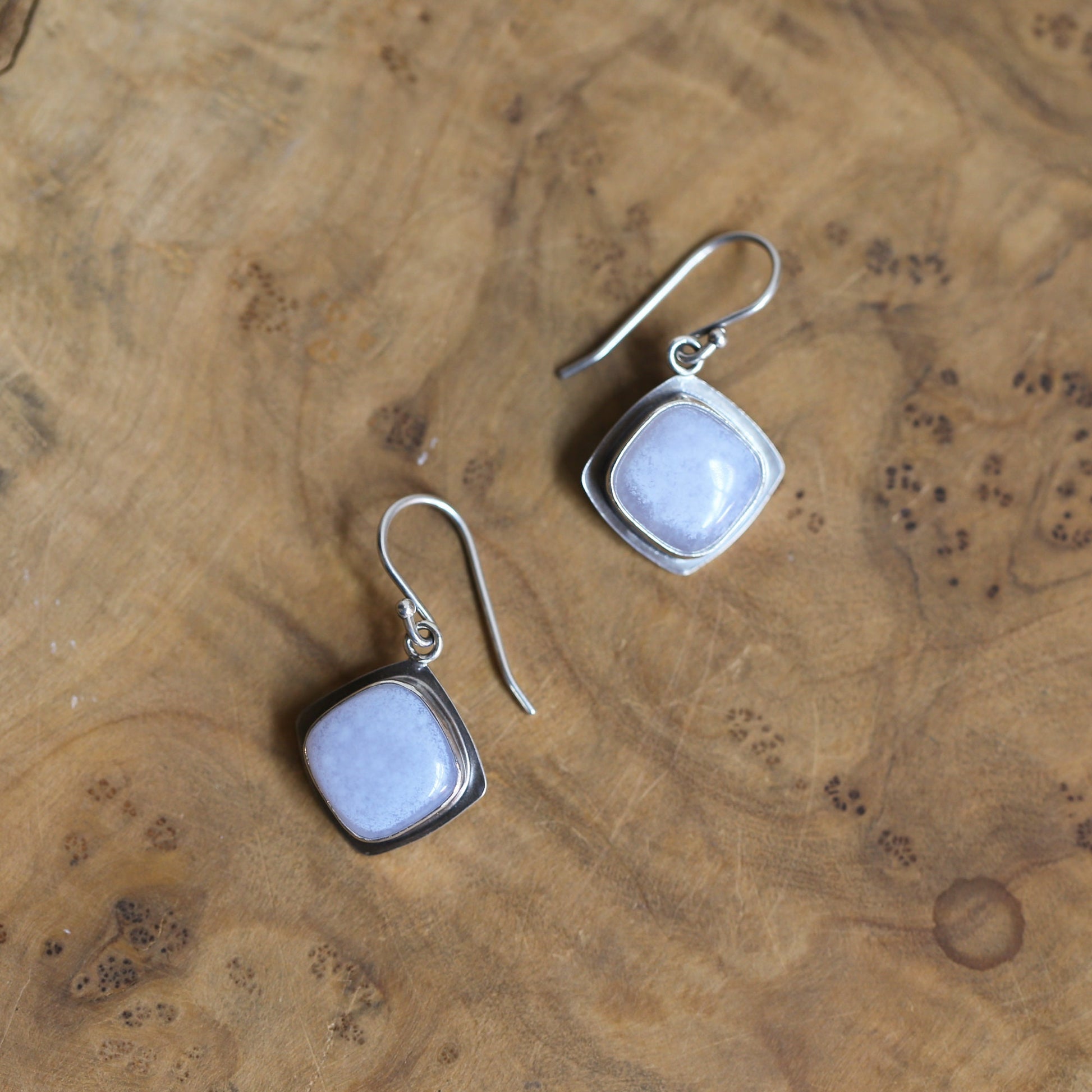 Blue Chalcedony Sterling Silver Drop Earrings – Handmade Cushion Square