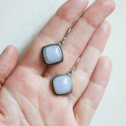 Blue Chalcedony Sterling Silver Drop Earrings – Handmade Cushion Square