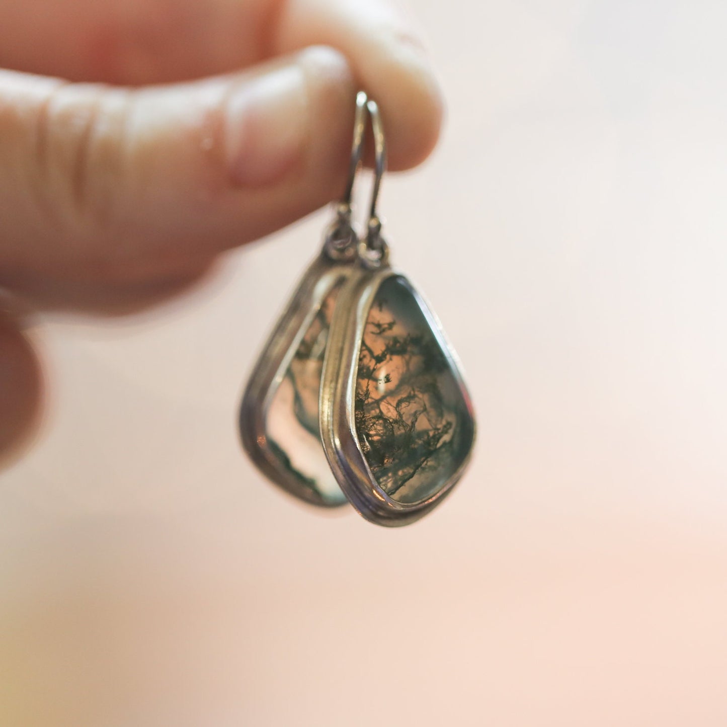 Moss Agate Sterling Silver Drop Earrings – Natural Gemstone Bezel Setting