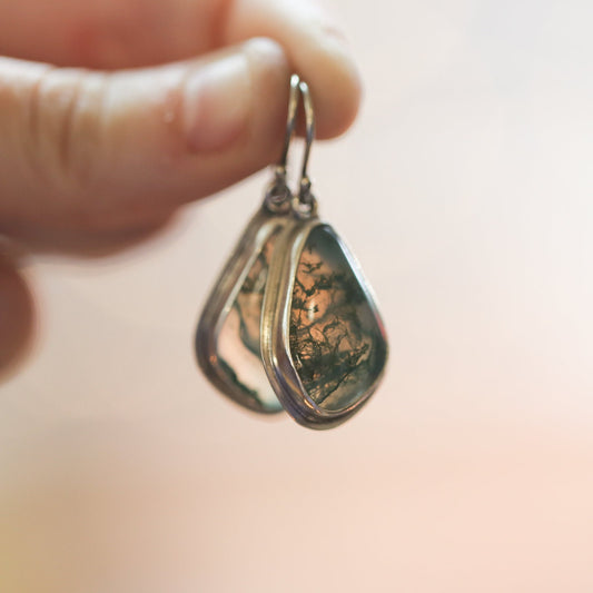 Moss Agate Sterling Silver Drop Earrings – Natural Gemstone Bezel Setting