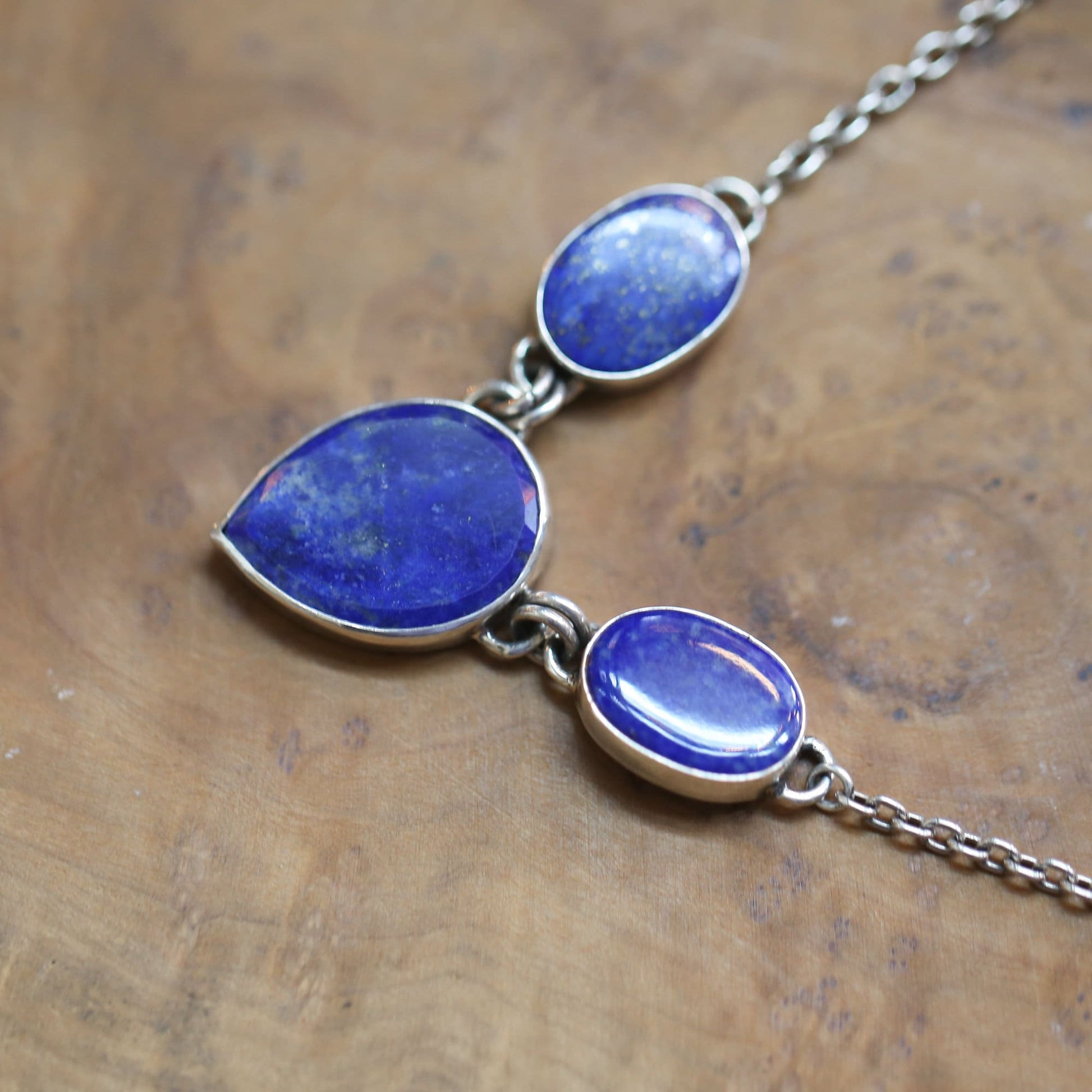 Blue Lapis Lazuli Sterling Silver 3-Stone Pendant Necklace