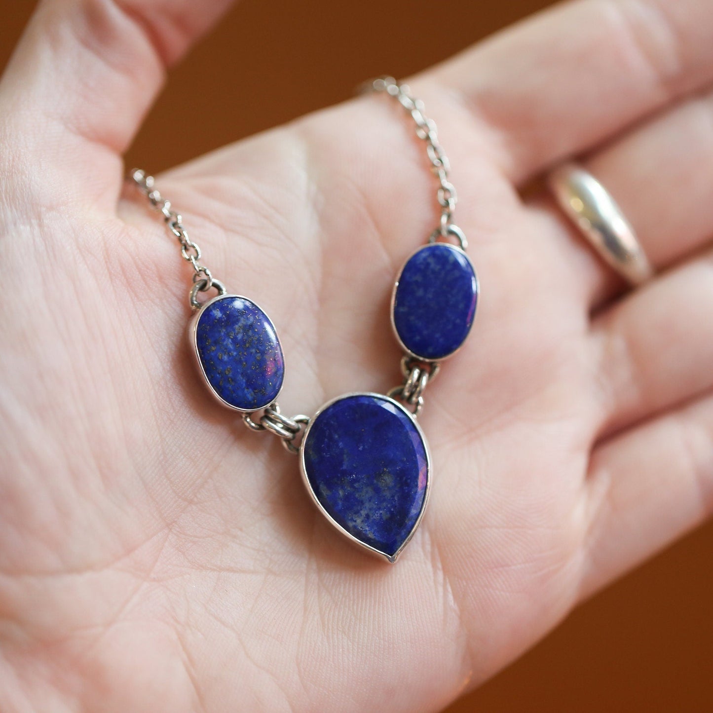 Blue Lapis Lazuli Sterling Silver 3-Stone Pendant Necklace