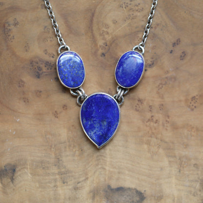 Blue Lapis Lazuli Sterling Silver 3-Stone Pendant Necklace